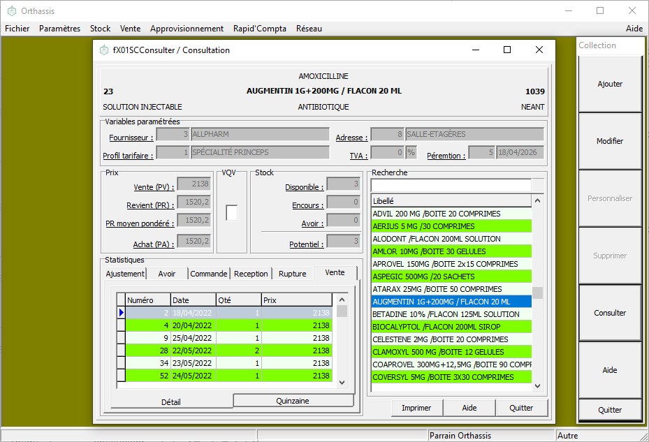 Orthassis®, Consultation du stock